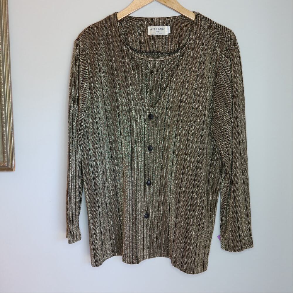 Alfred Dunner Vintage Metallic Gold Brown Twin Set Top Size 14 80s 90s Glam